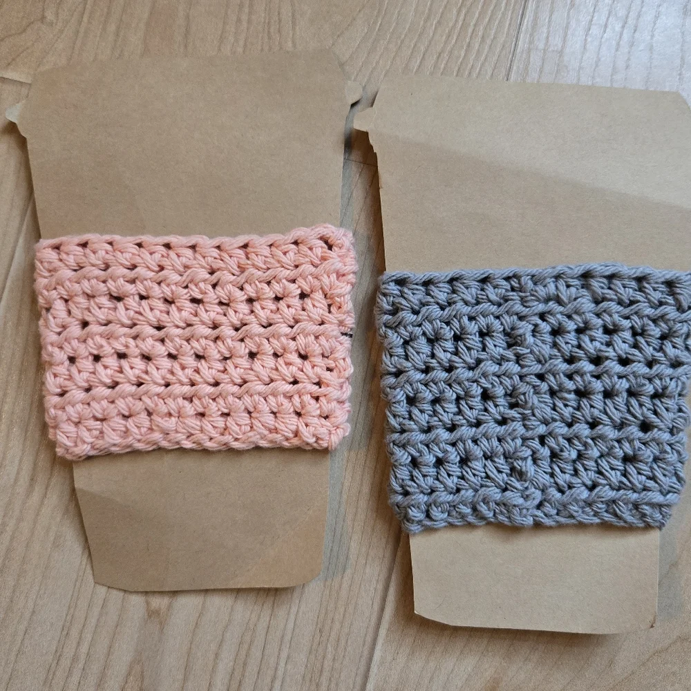 Set of 2 Cup Cozy crochet knit coffee cup warm beverage coozies (grey, coral)
